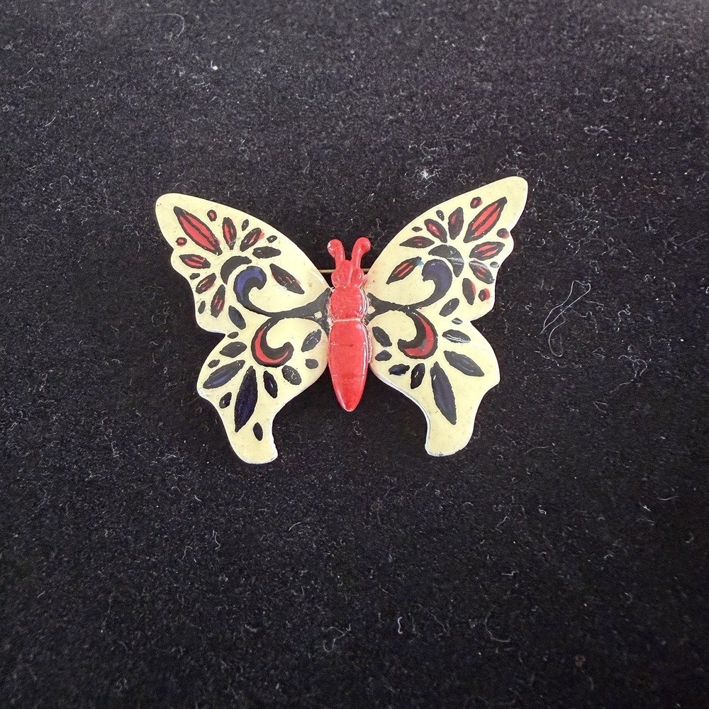 Vintage West Germany Butterfly Brooch Pin Ivory Hand Painted Enamel 2 1/4" W